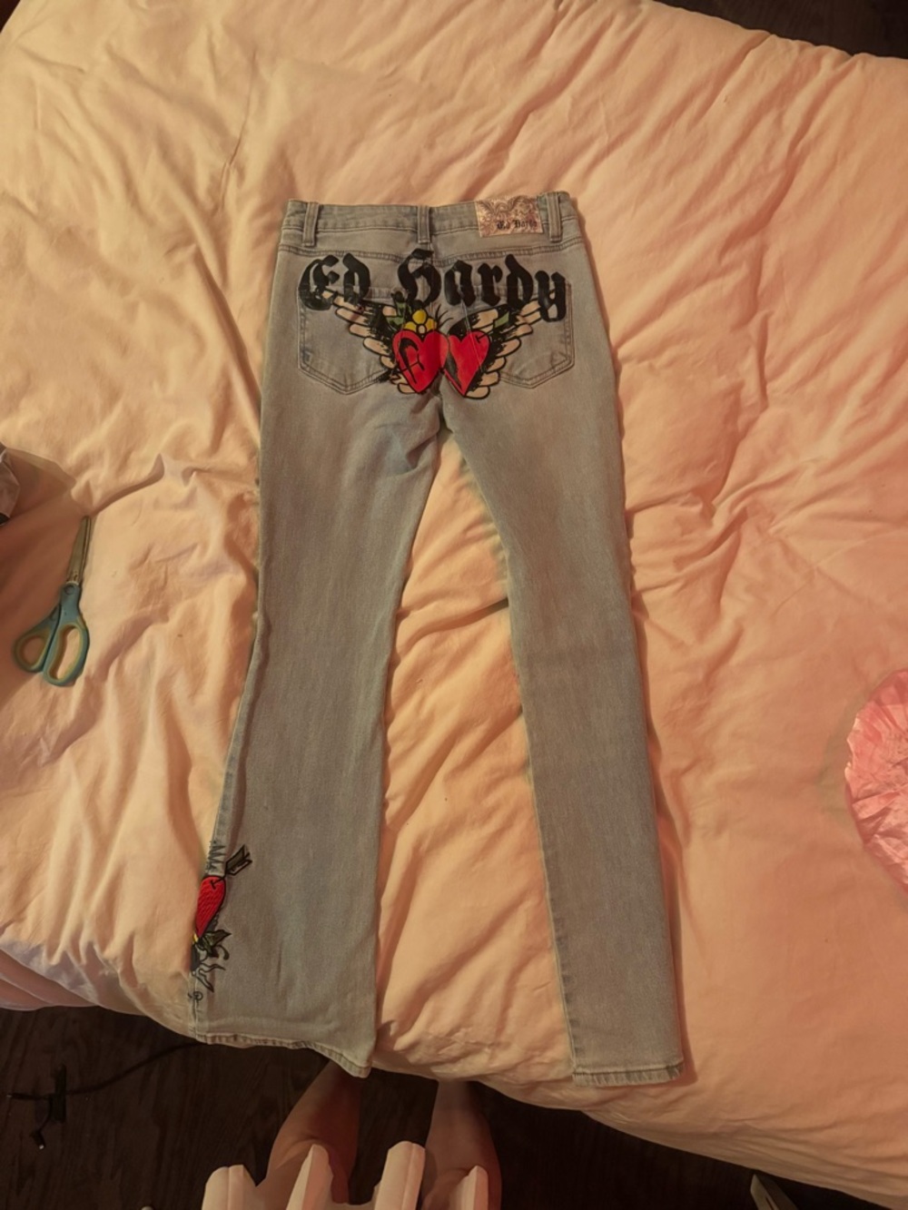 Ed Hardy Light Blue Denim Flare Jeans with Embroidered Heart Wings